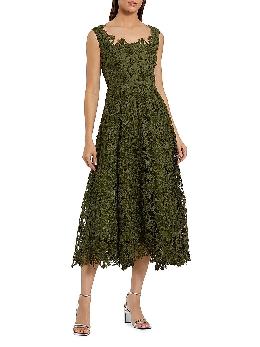Women's Lace A-Line Midi-Dress - Army Green - Size 16