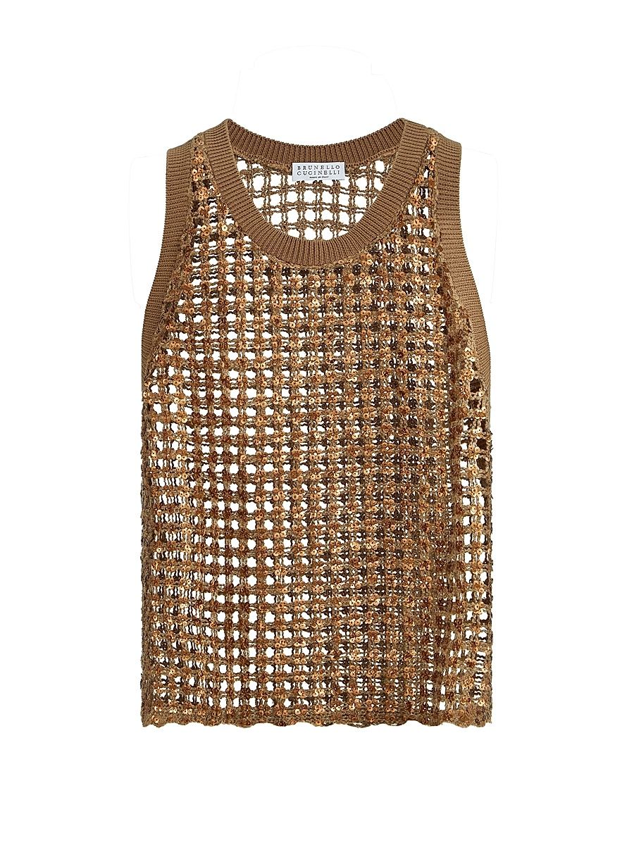 Women's Dazzling Net Embroidery Top in Silk and Linen - Brown - Size XXXL