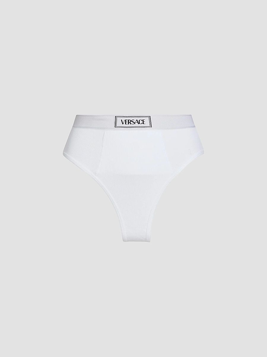 Versace Women's Ribbed Logo Brief - White - Size XL