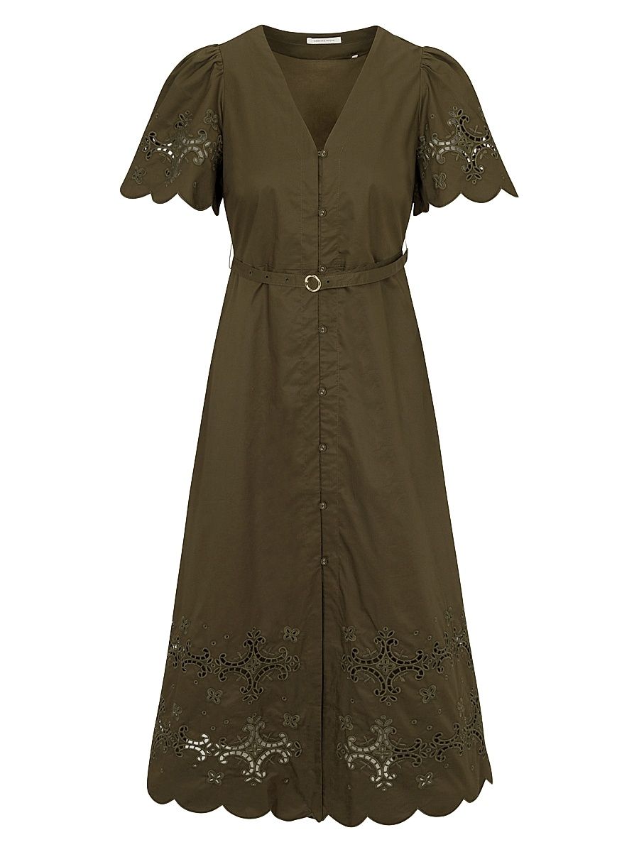 Women's Raquel Embroidered Cotton Midi-Shirtdress - Olive - Size 12