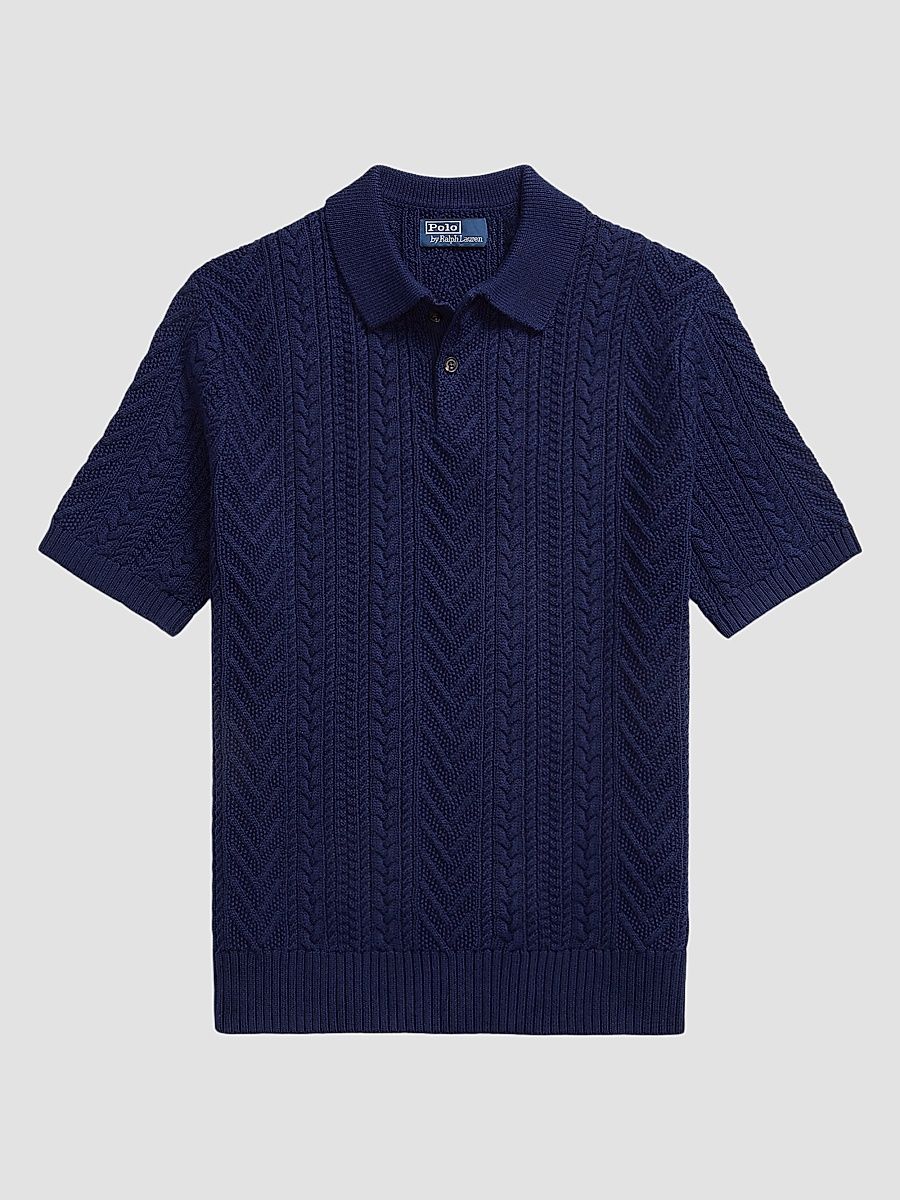 Men's Aran-Knit Cotton Polo Sweater - Newport Navy - Size XXL