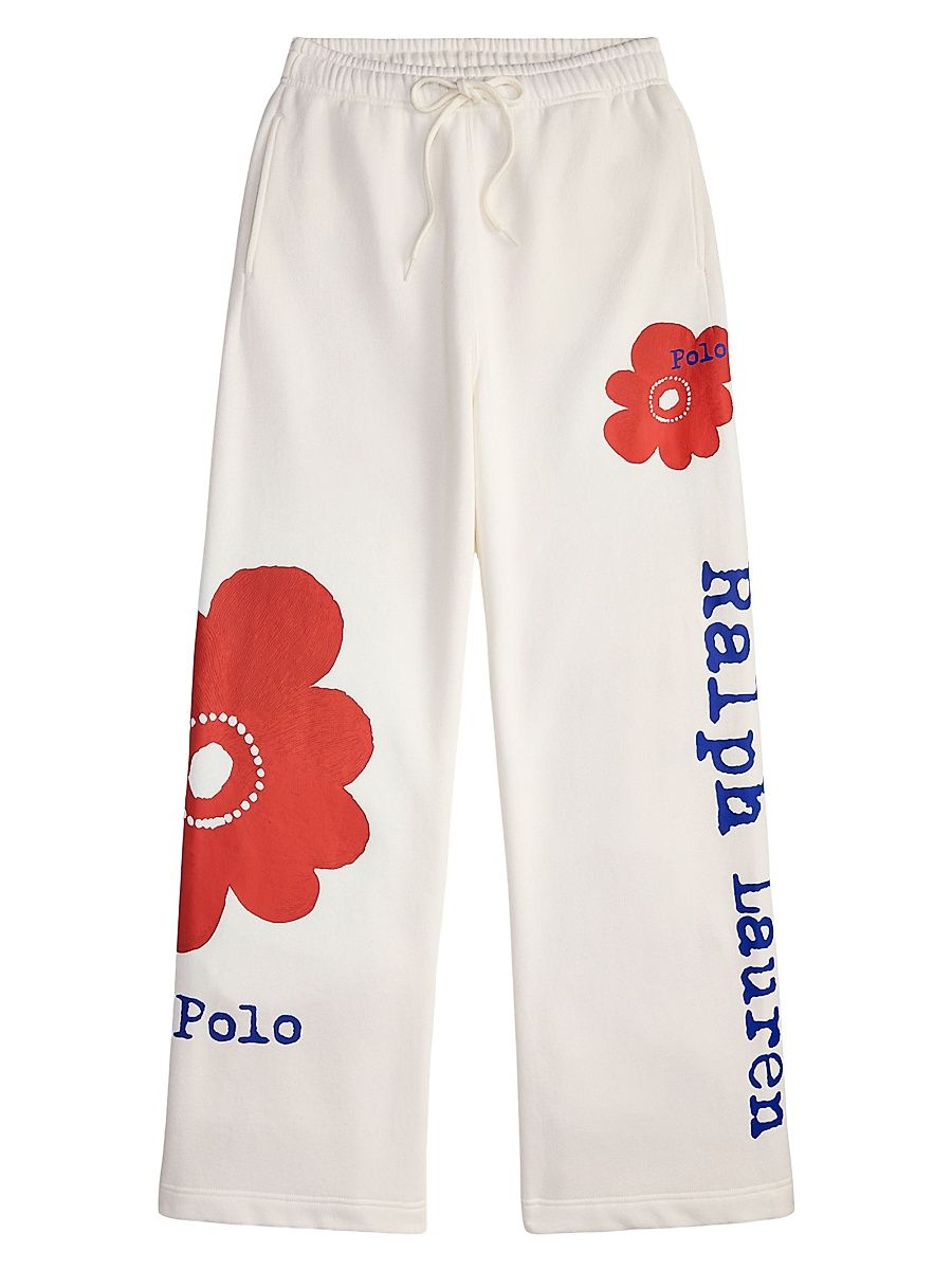 Women's Floral Cotton-Blend Wide-Leg Sweatpants - Warm White - Size XS