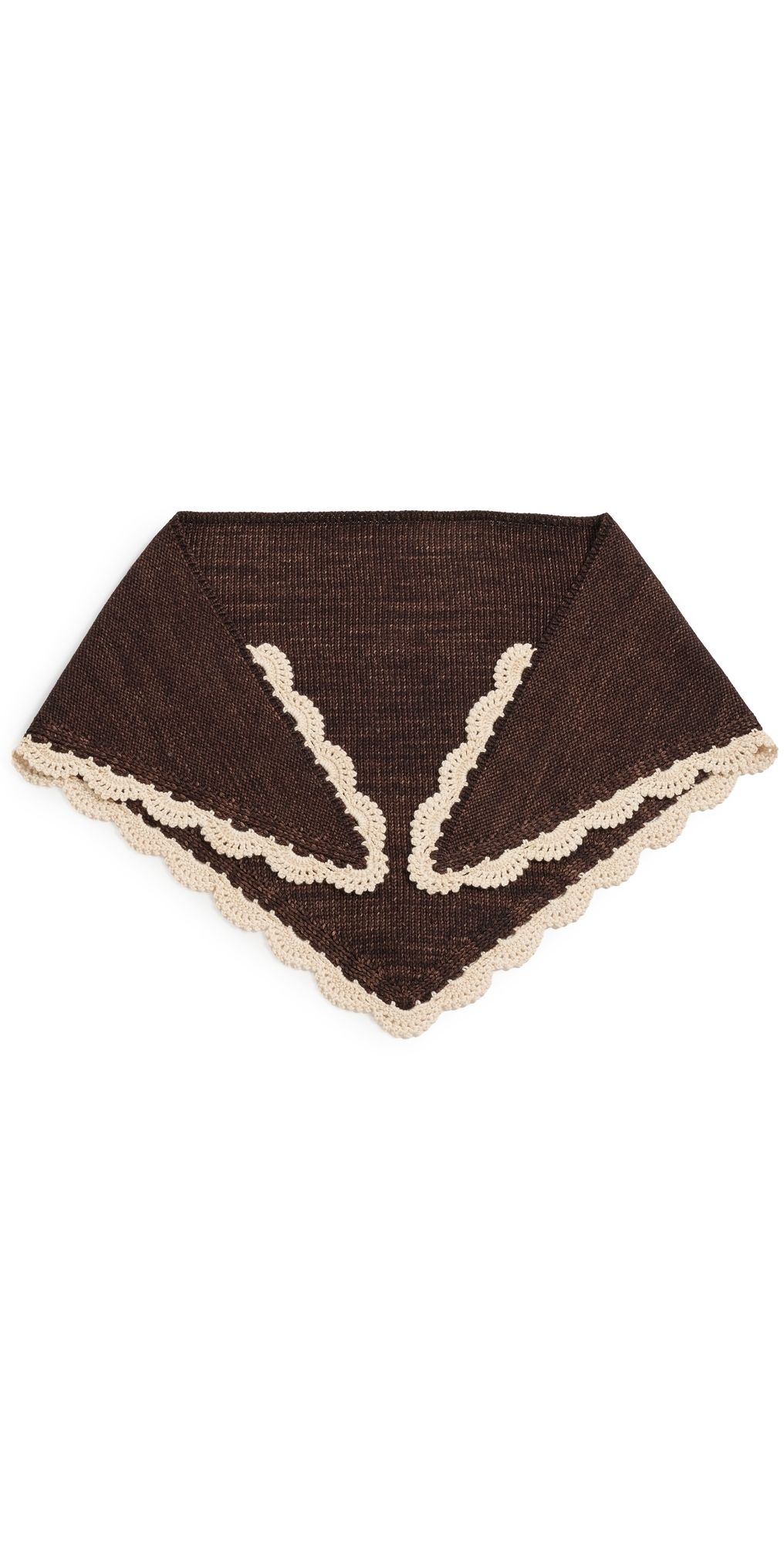 Loeffler Randall Monty Merino Wool Triangle Scarf Brown Knit w/ Cream Scallop Edges One Size