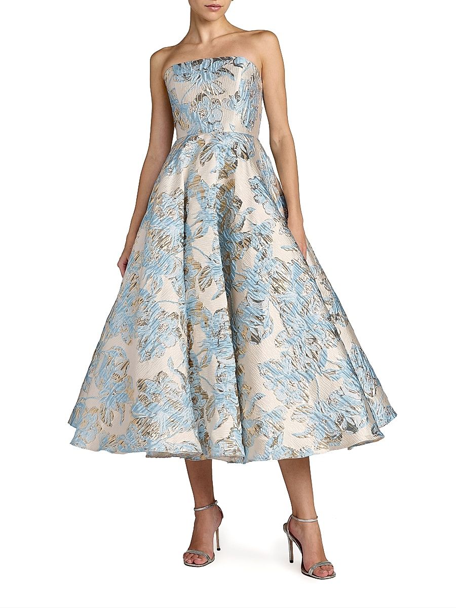 Women's Strapless Floral Brocade Midi-Dress - Powder Blue - Size 16