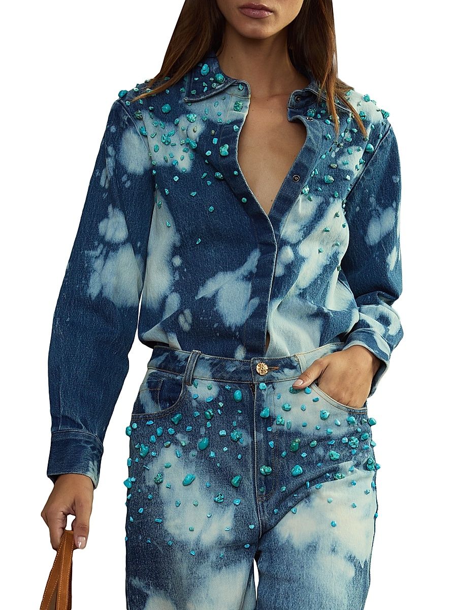 Women's Stone Wash Denim Embellished Shirt - Bleach Wash - Size Medium