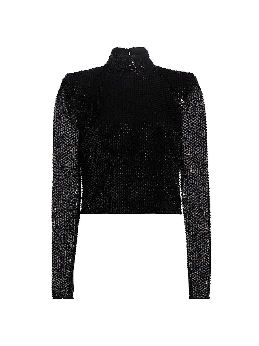 Women's Amber Sequin Turtleneck - Black Beaded Mesh - Size XL
