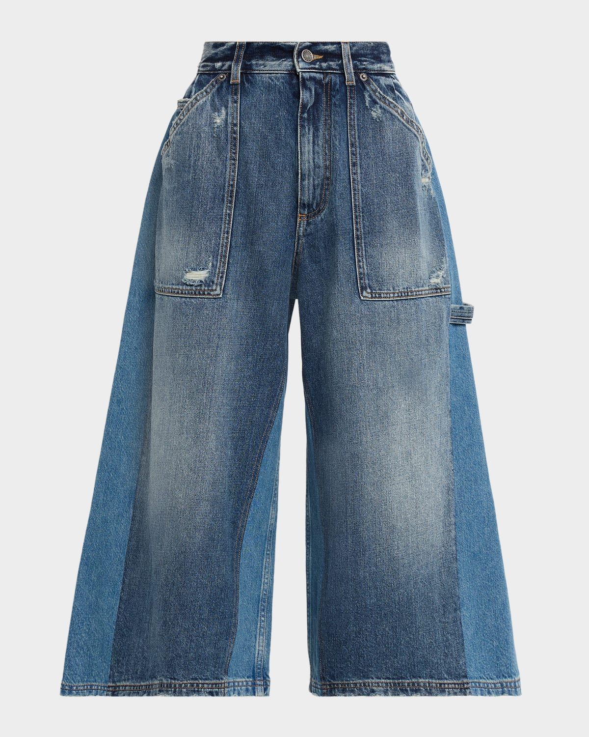 Patchwork Denim Wide-Leg Crop Carpenter Pants