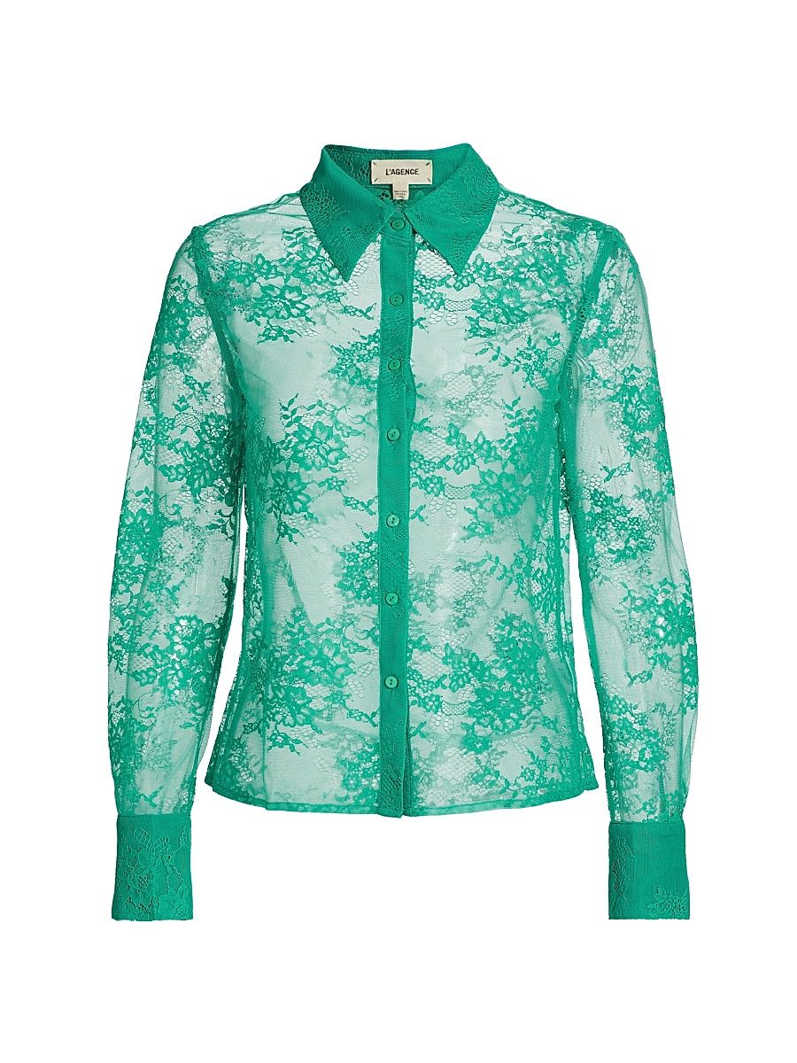 Women's Maia Lace Long-Sleeve Button-Front Top - Bright Jade - Size XS