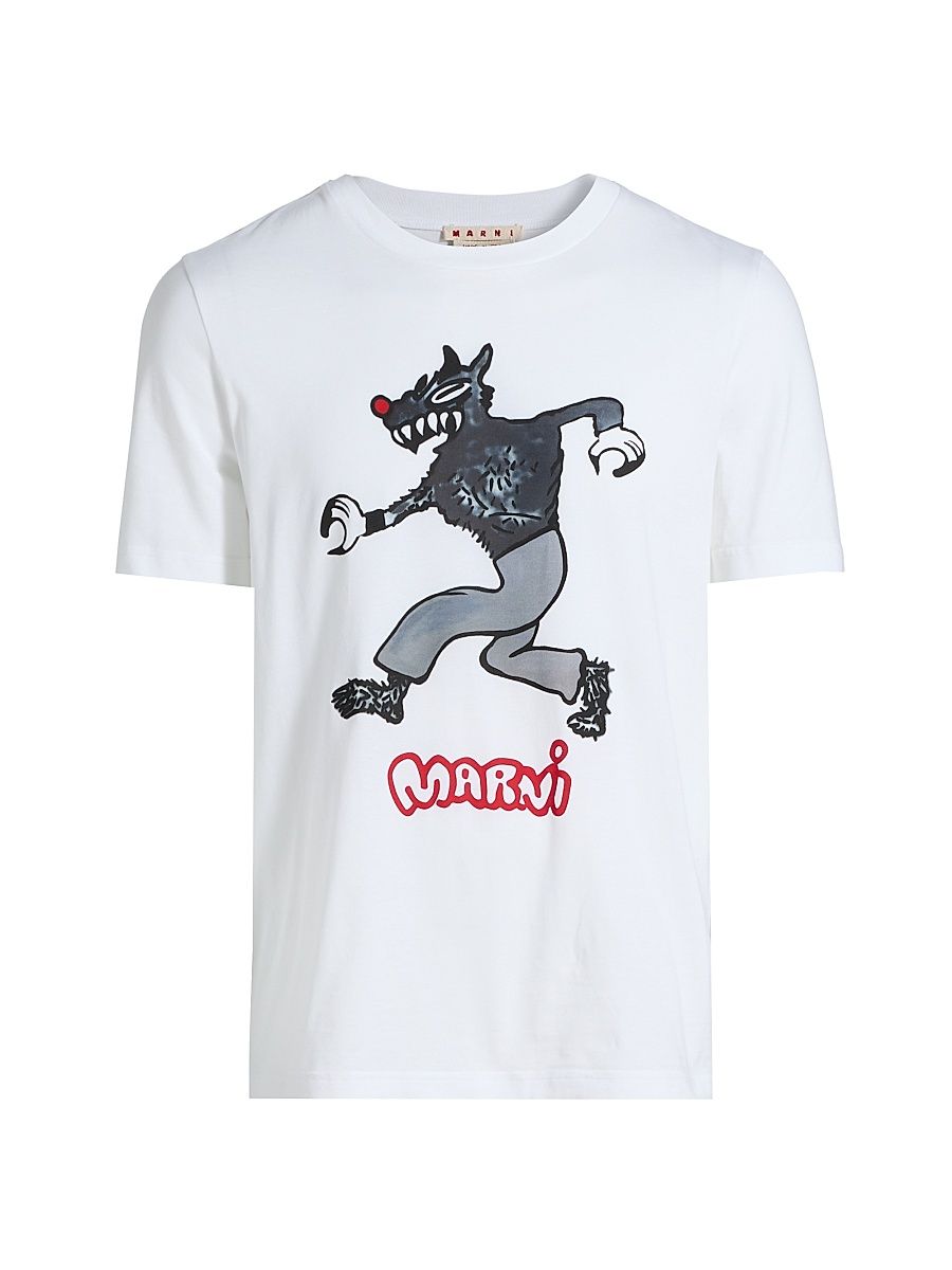 Men's Wolf Print Cotton T-Shirt - Lily White - Size 44