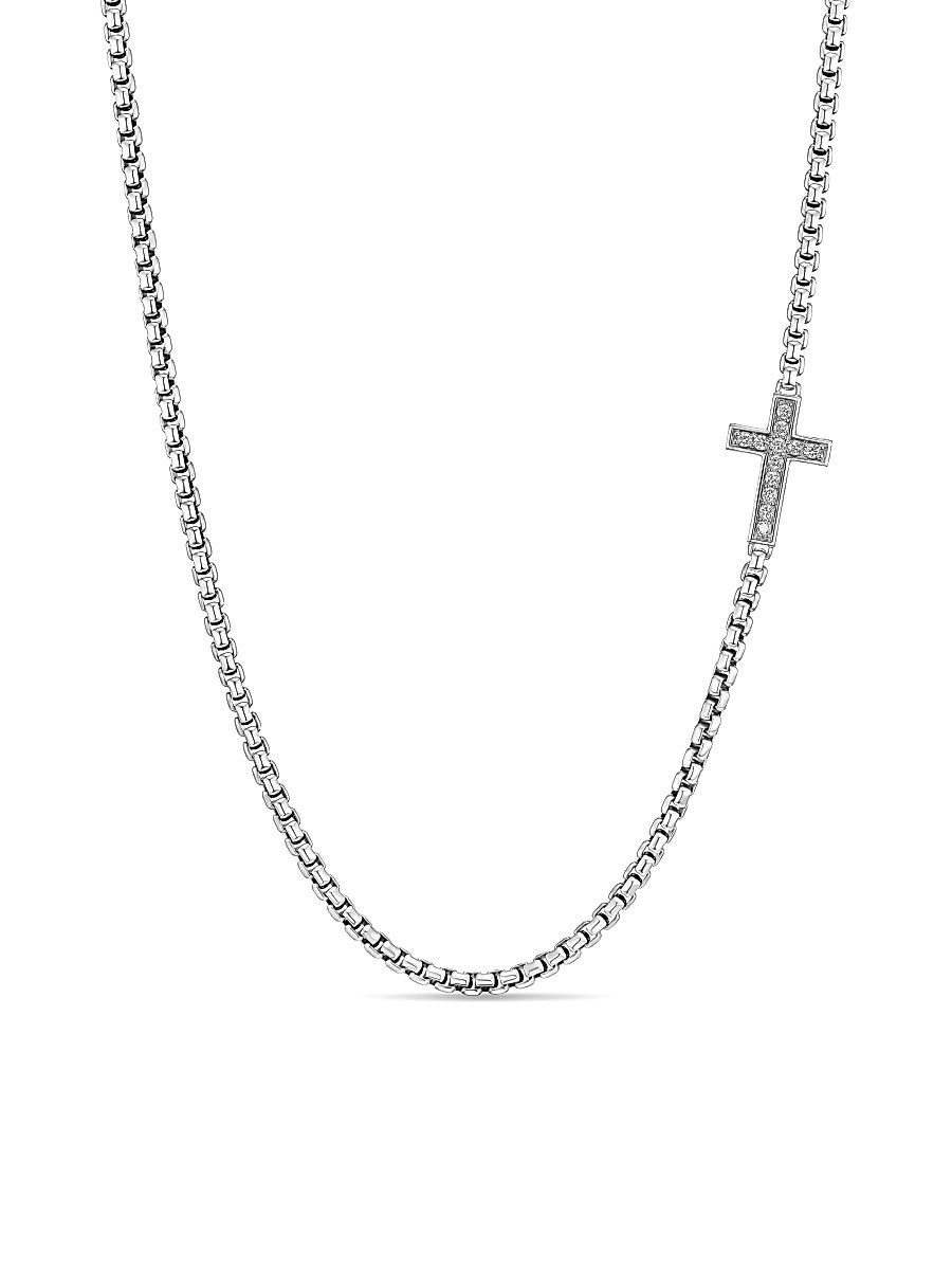 Men's Streamline Cross Station Necklace in Sterling Silver - Diamond - Size 22