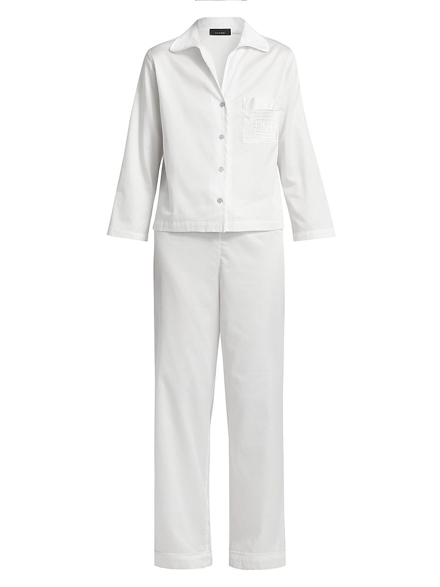 Women's Essentials Embroidered Cotton Sateen Pajamas - White - Size XL