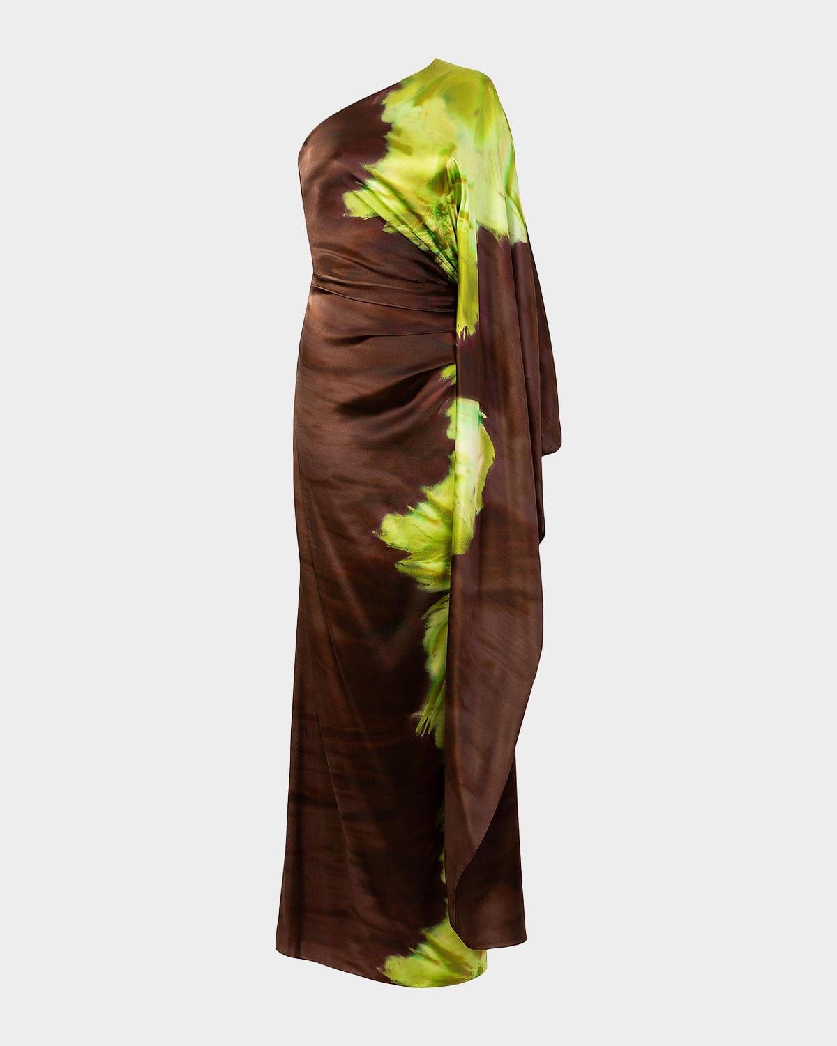 Afrodita One-Shoulder Long-Sleeve Satin Maxi Dress