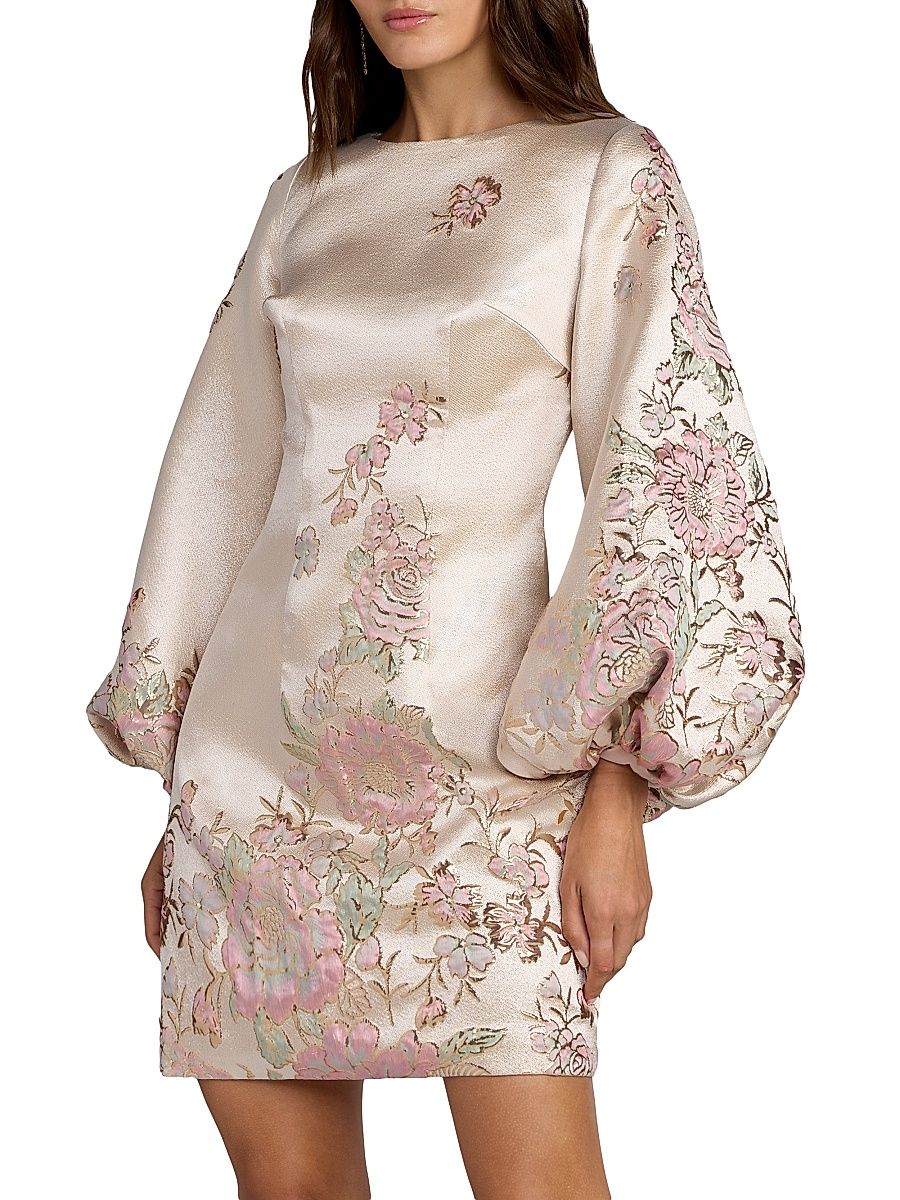 Women's Floral Brocade Long-Sleeve Minidress - Champagne Multi - Size 12