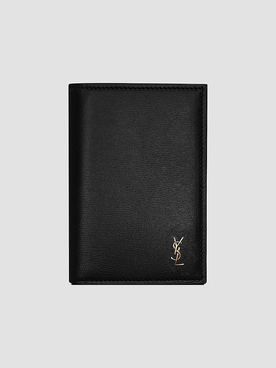 Saint Laurent Men's Tiny Cassandre Credit Card Wallet in Shiny Leather - Black