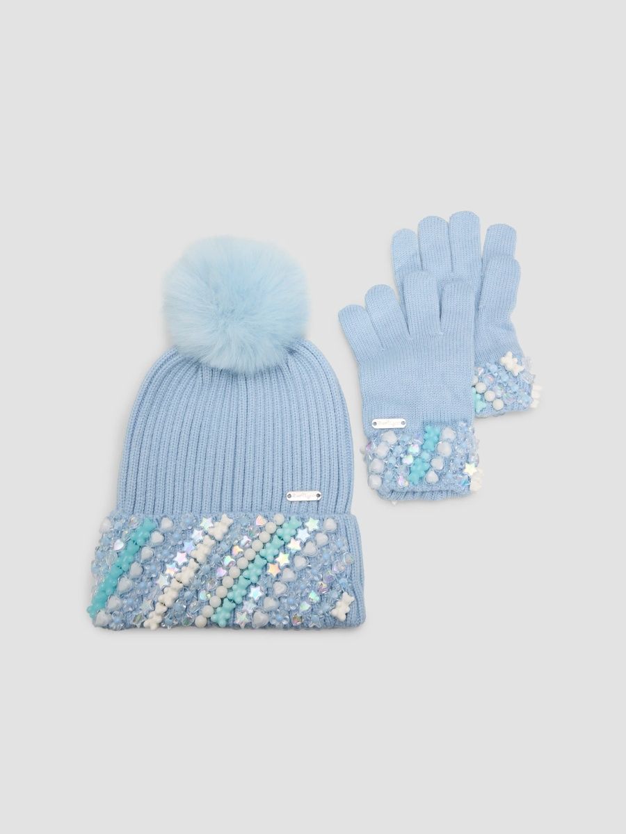 Bari Lynn Girl's Girl's Charm Knit Beanie & Glove Set - Light Blue