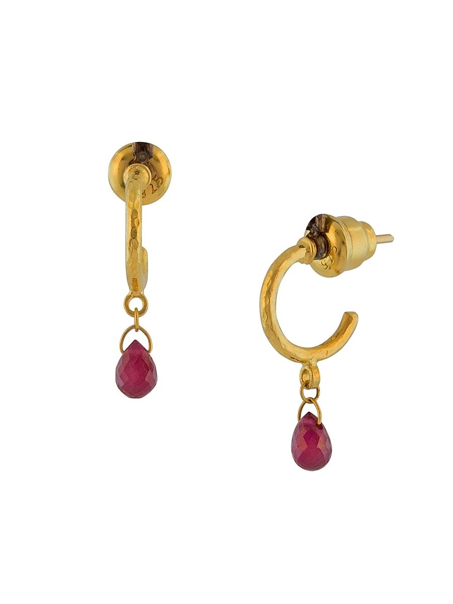 Women's 24K Yellow Gold & Ruby Small Hoop Drop Earrings - Yellow Gold