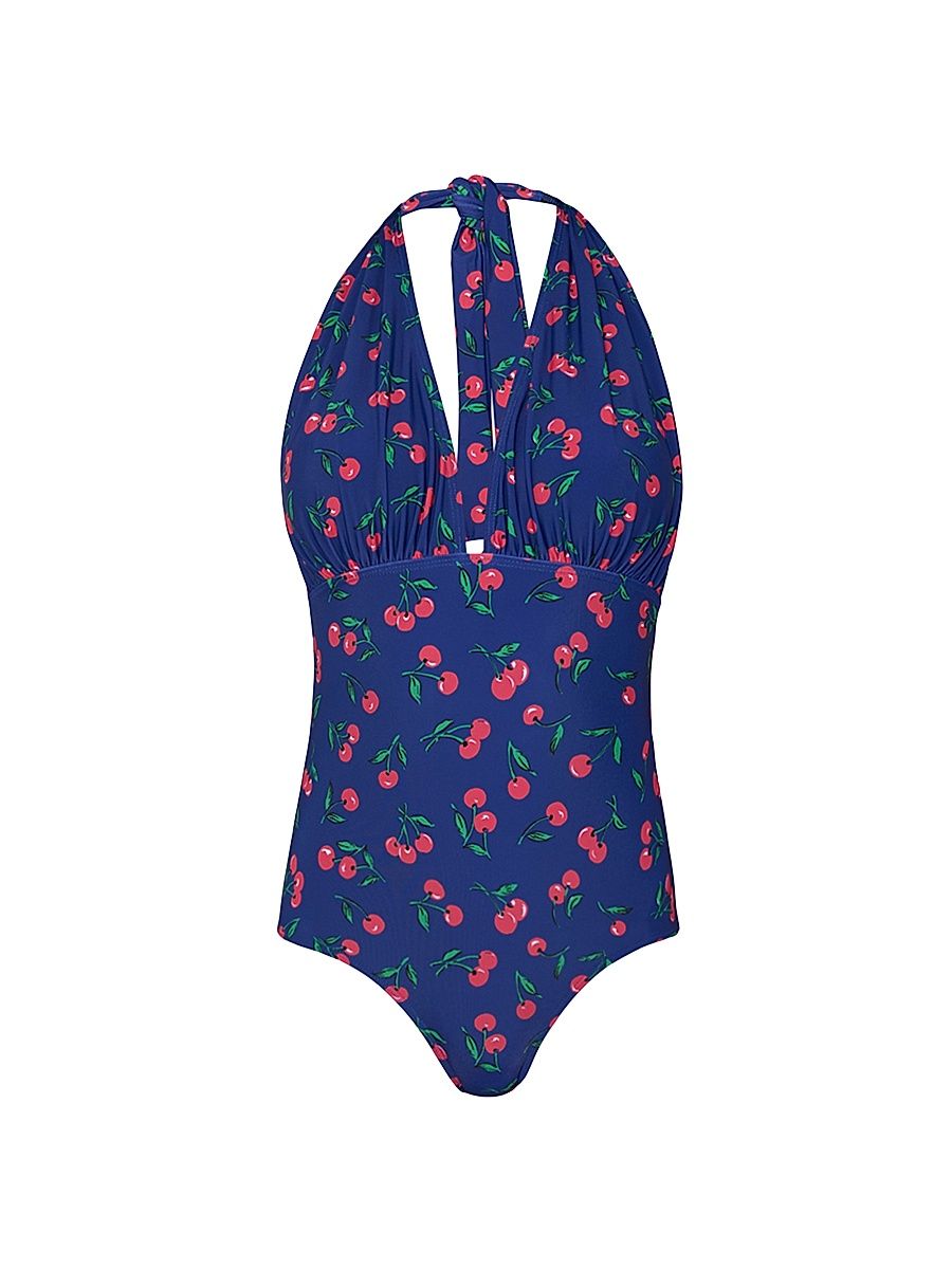 Shoshanna Women's Cherry Print Halterneck One-Piece Swimsuit - Navy Red Green - Size 2