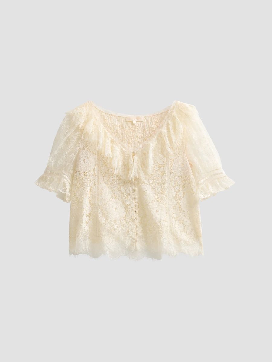 LoveShackFancy Women's Kaylin Lace Top - Alabaster Glow - Size XL