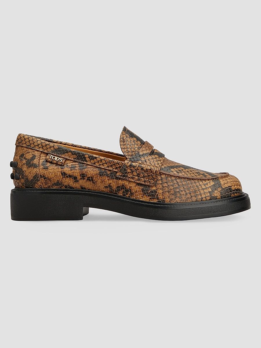 Women's Snakeskin-Print Leather Penny Loafers - Dark Brown - Size 11