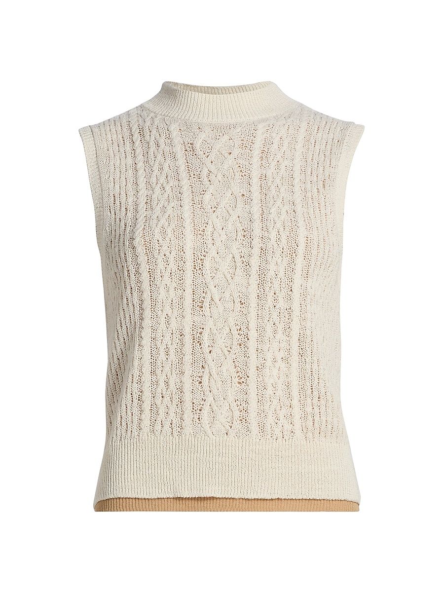 Women's Cable-Knit Double-Layer Mock Turtleneck Vest - Off White Gold Cliff - Size XXS