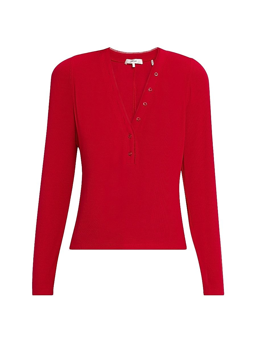 Women's The Mesh Trim Ribbed Henley Top - Bright Raspberry - Size Small