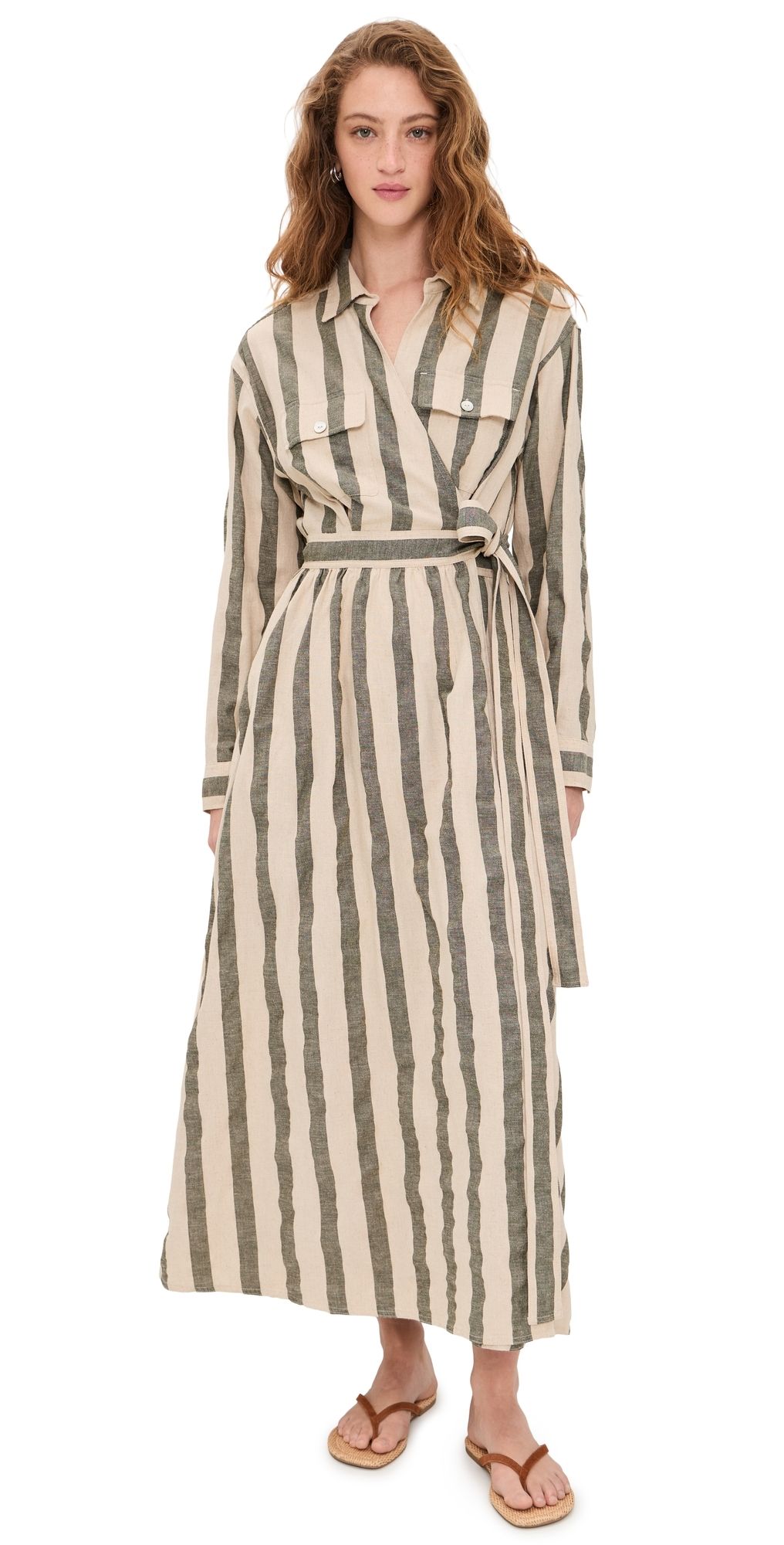 Faherty Linen Julia Wrap Dress Pine Bay Stripe 10