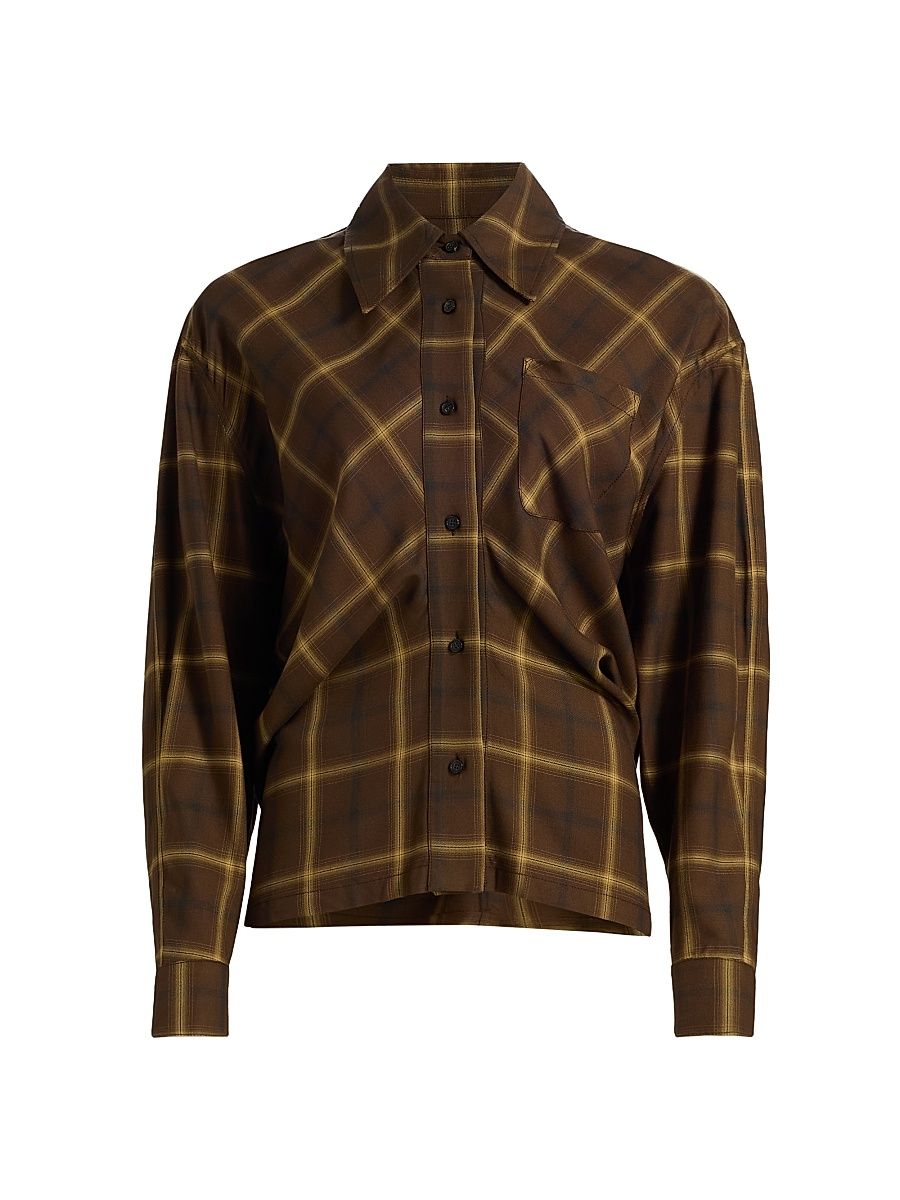 Women's Check Plaid Banana-Sleeve Shirt - Chocolate - Size Medium