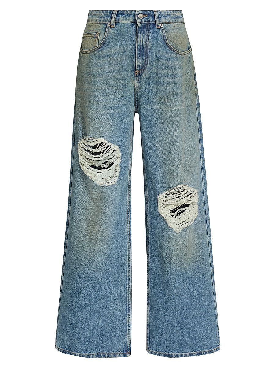 Women's Embellished Fray Relaxed Jeans - Medium Blue - Size 30