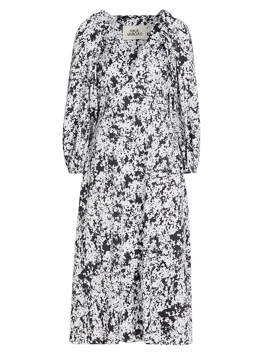 Women's Calli Floral Stretch-Cotton V-Neck Midi-Dress - White - Size 0