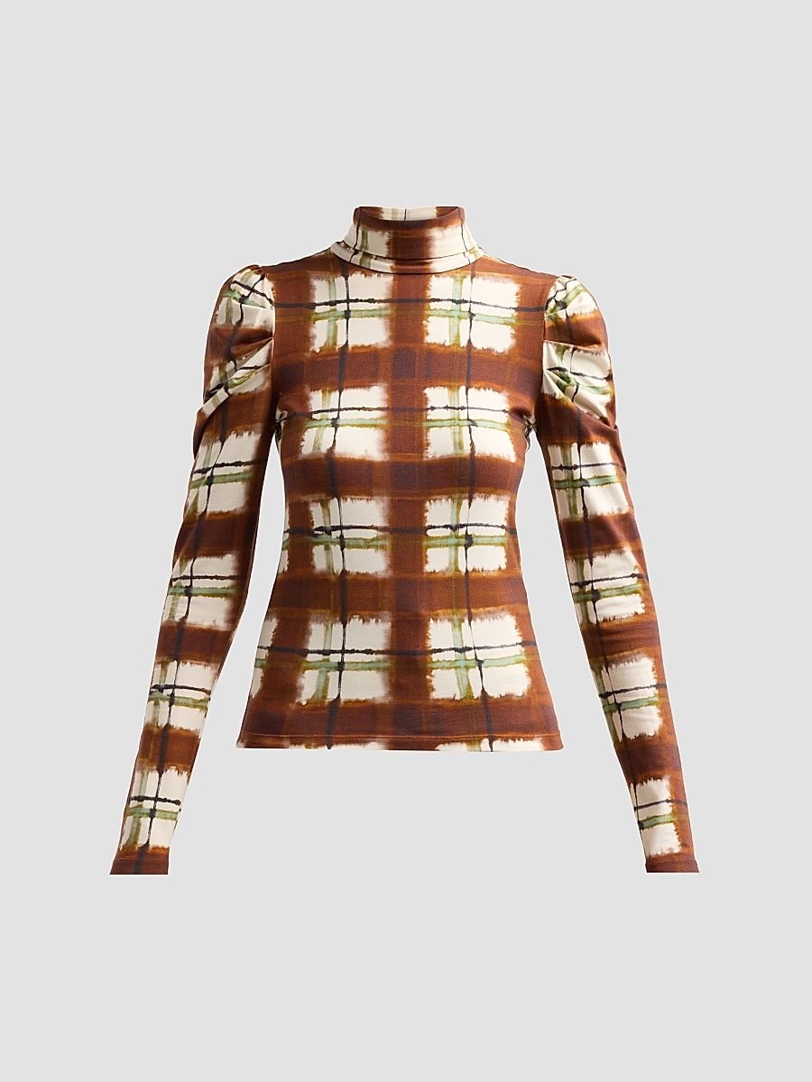 Women's Chira Blurred Plaid Turtleneck Top - Painted Plaid Brown - Size XL