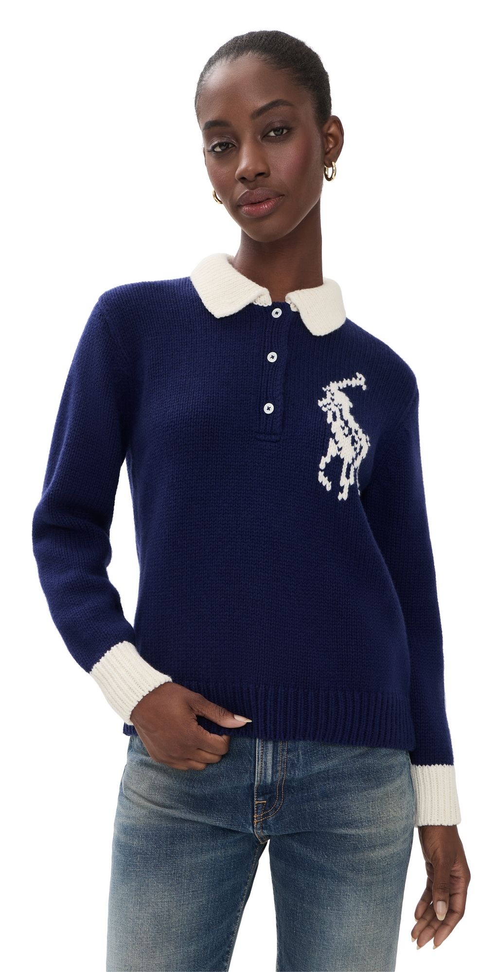 Polo Ralph Lauren Wool Long Sleeve Polo Pullover Royal/Cream XS