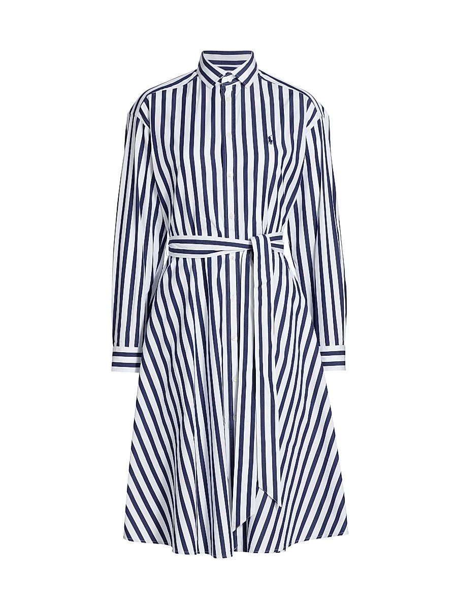 Women's Ela Belted Stripe Cotton Shirtdress - Navy White - Size 4
