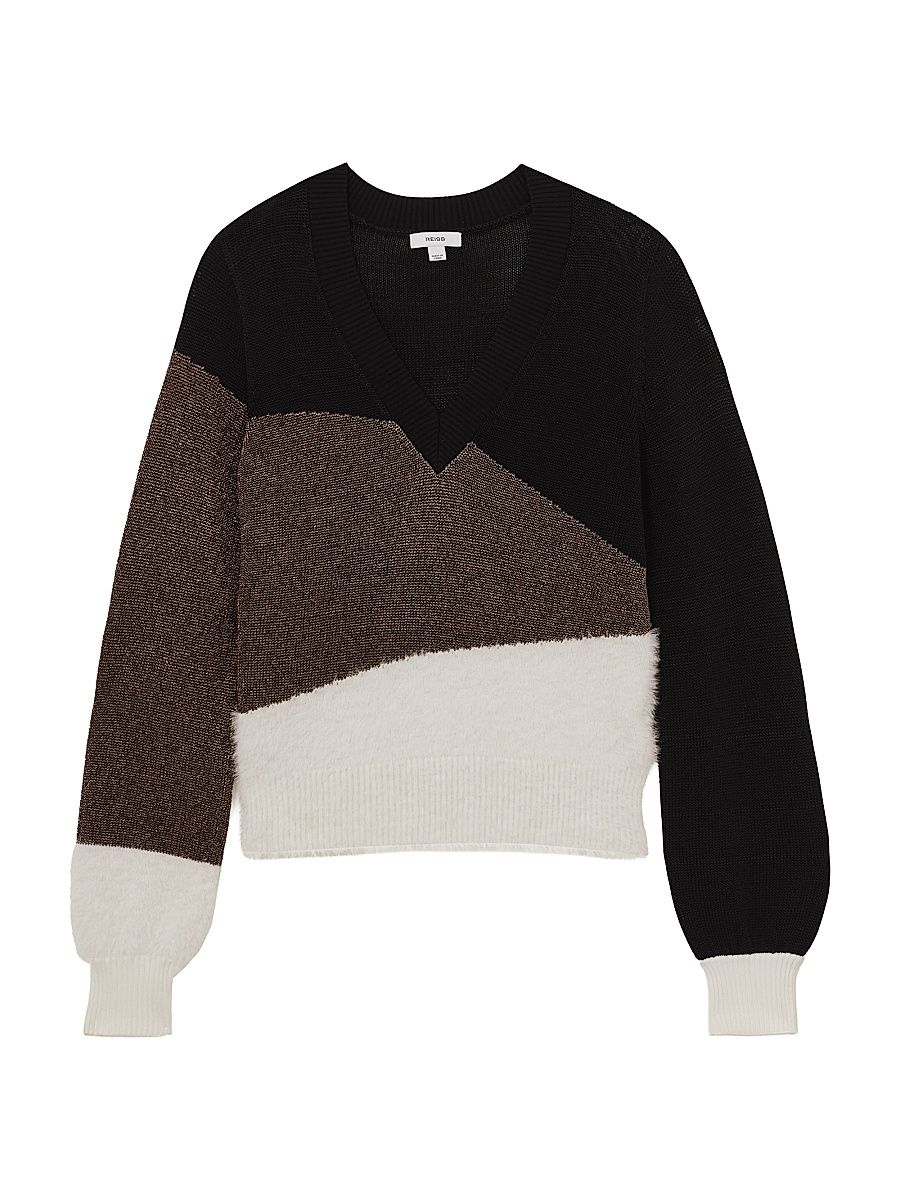 Women's Harley Metallic Geometric V-Neck Sweater - Black - Size XL