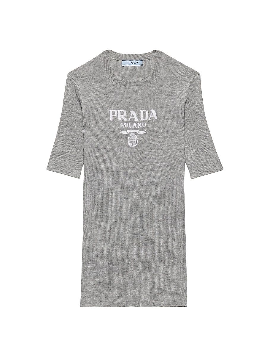 Women's Silk Crewneck Sweater with Logo - Grey - Size 10