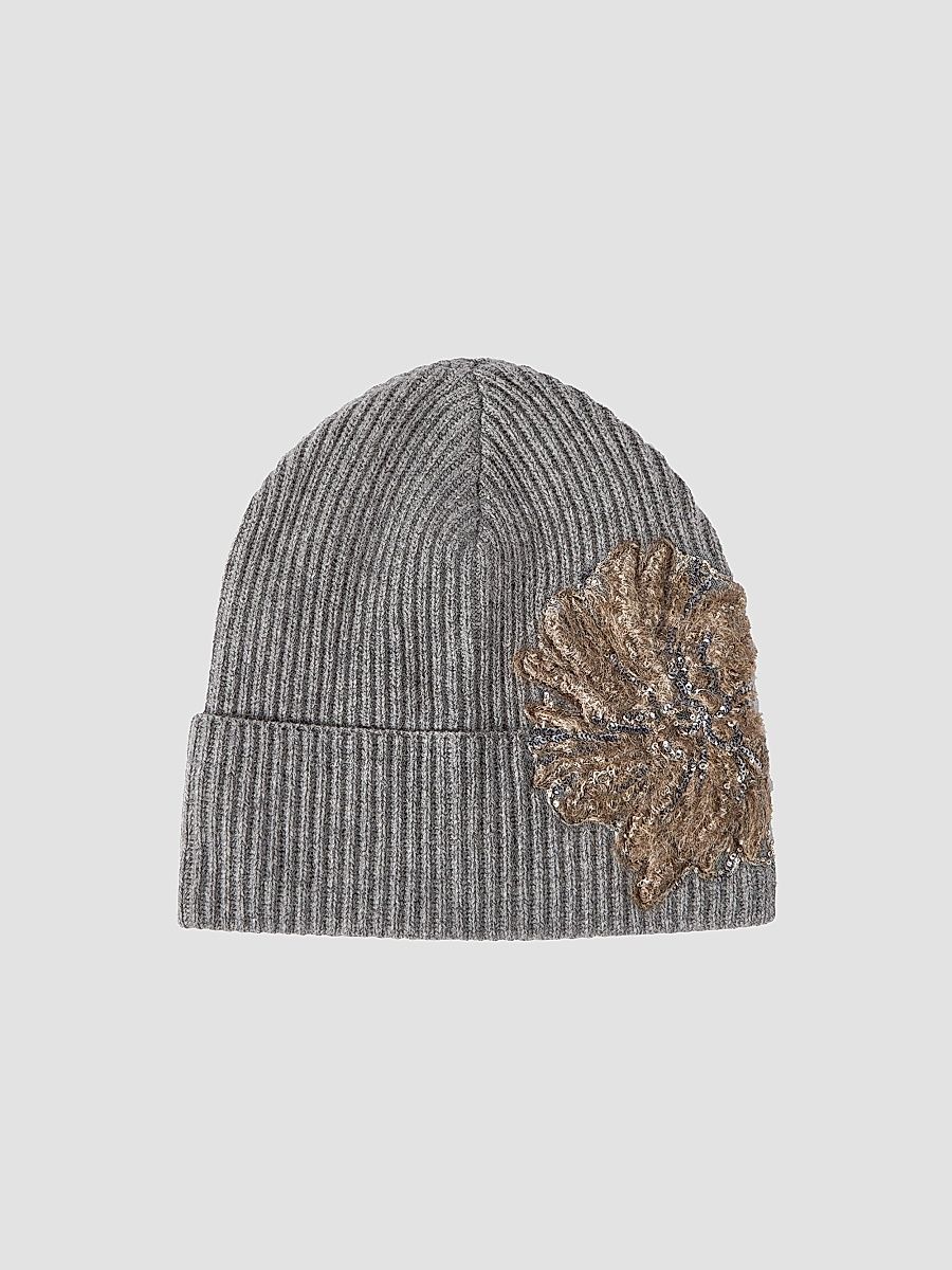 Women's Cashmere Ribbed Beanie with Whispering Bloom Embroidery - Dark Grey - Size XS