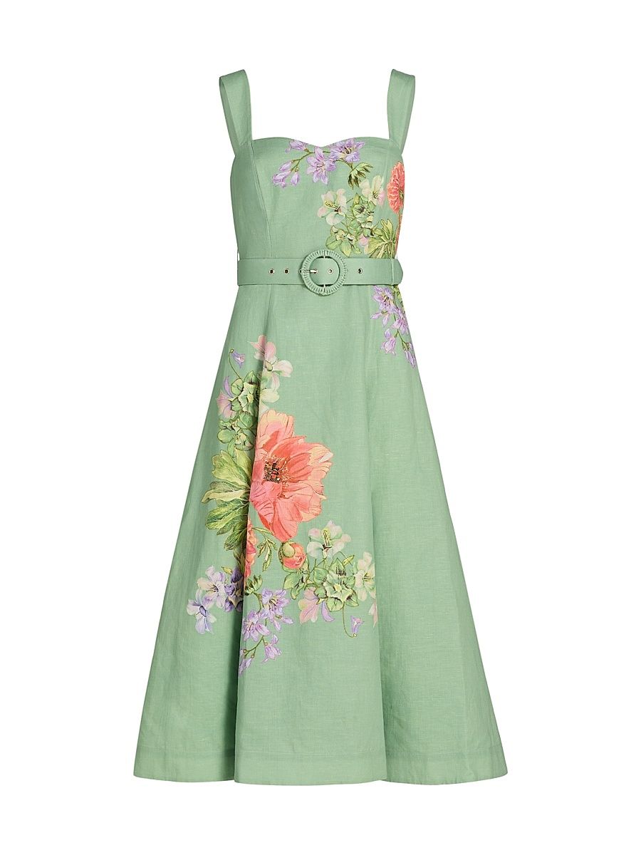 Women's Tie-Waist Floral A-Line Midi-Dress - Green - Size Large