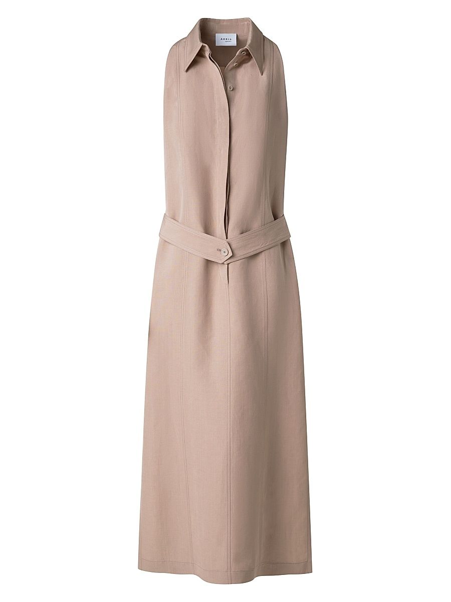 Women's Linen-Blend Belted Midi-Shirtdress - Beige - Size 10