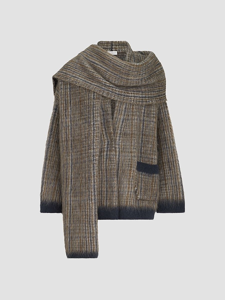 Women's Mohair and Wool Prince of Wales Double Knit Outerwear Jacket with Scarf - Brown - Size Large
