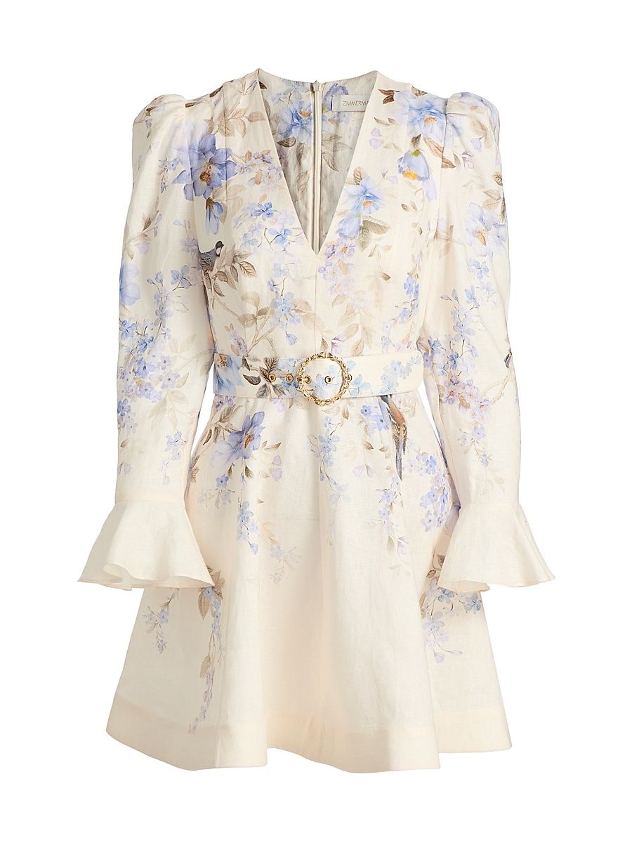 Women's Luna Floral Linen Plunge Minidress - Blue Songbird - Size 10