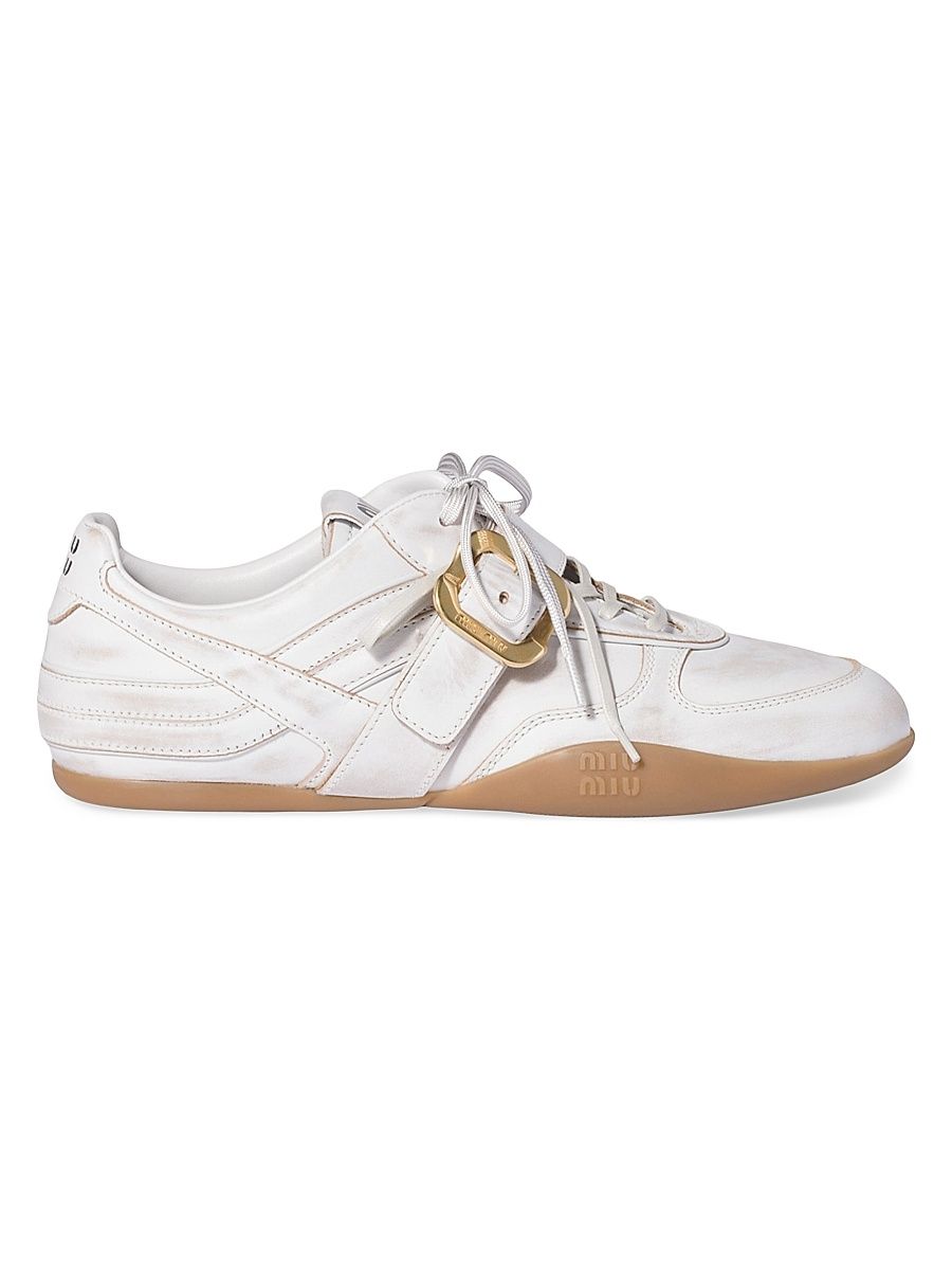 Women's Gymnasium Leather Sneakers with Strap and Buckle - White - Size 7