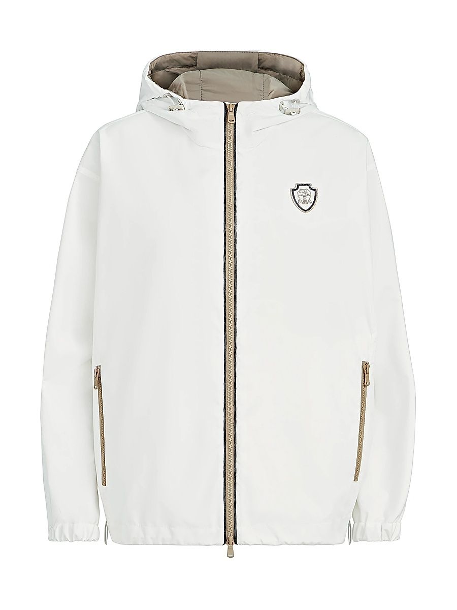 Women's Nylon Hooded Outerwear Jacket with Logo and Precious Trims - White - Size 12