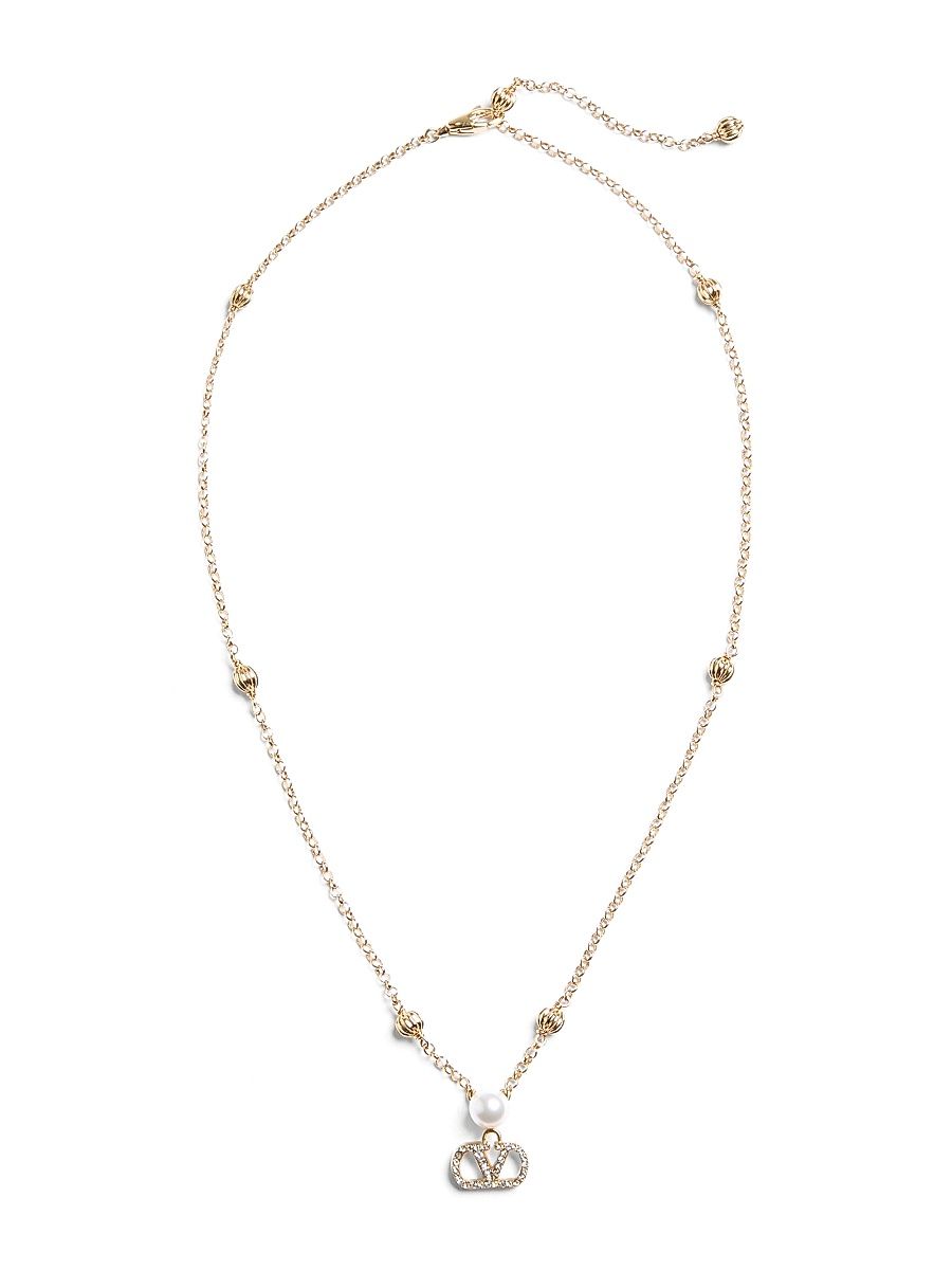 Women's VLogo Signature Necklace in Metal, Pearl and Swarovski Crystals - Gold