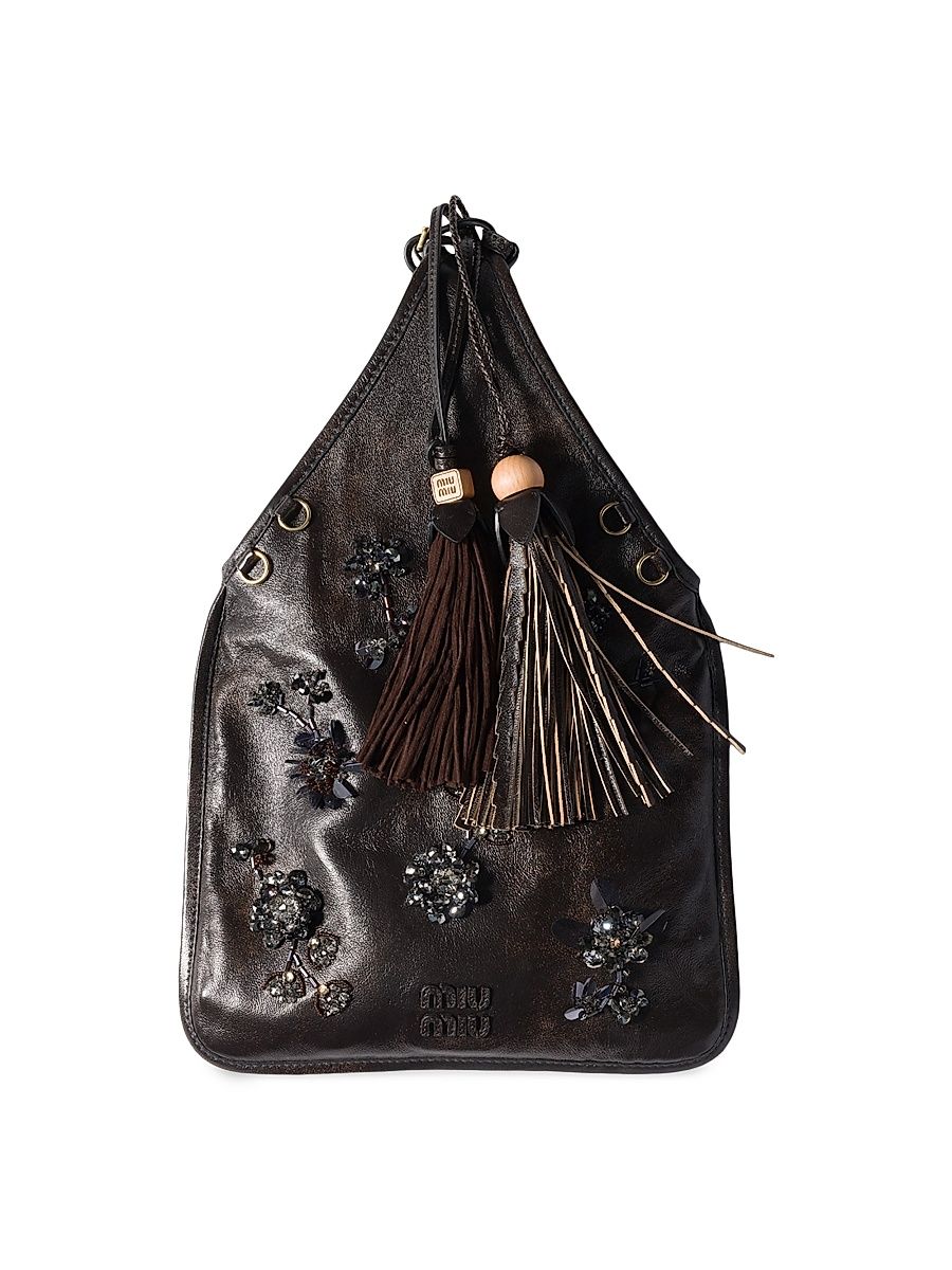 Women's Embroidered Nappa Leather Top Handle Bag - Brown