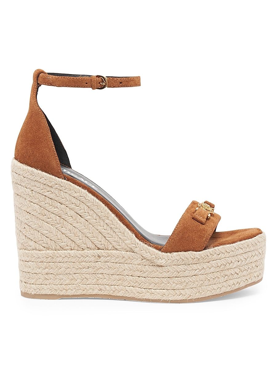 Women's 120MM Medusa Suede Espadrille Platform Wedge Sandals - Spice Brown Versace Gold - Size 10.5