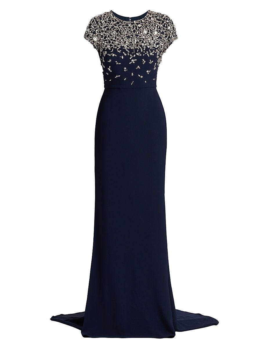 Women's Crystal-Embroidered Cap-Sleeve Gown - Navy - Size 10