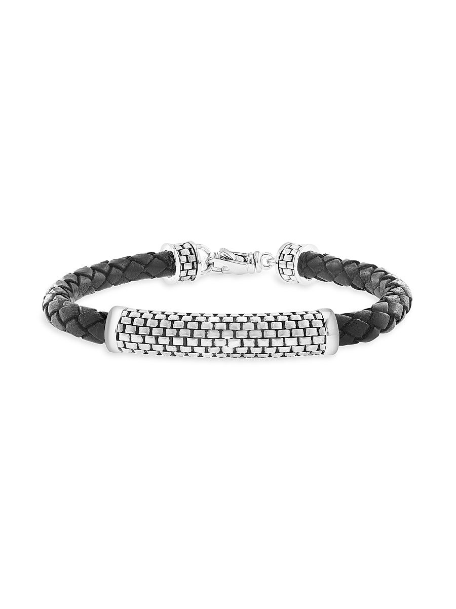 Men's Braided Leather & Sterling Silver Bracelet - Sterling Silver