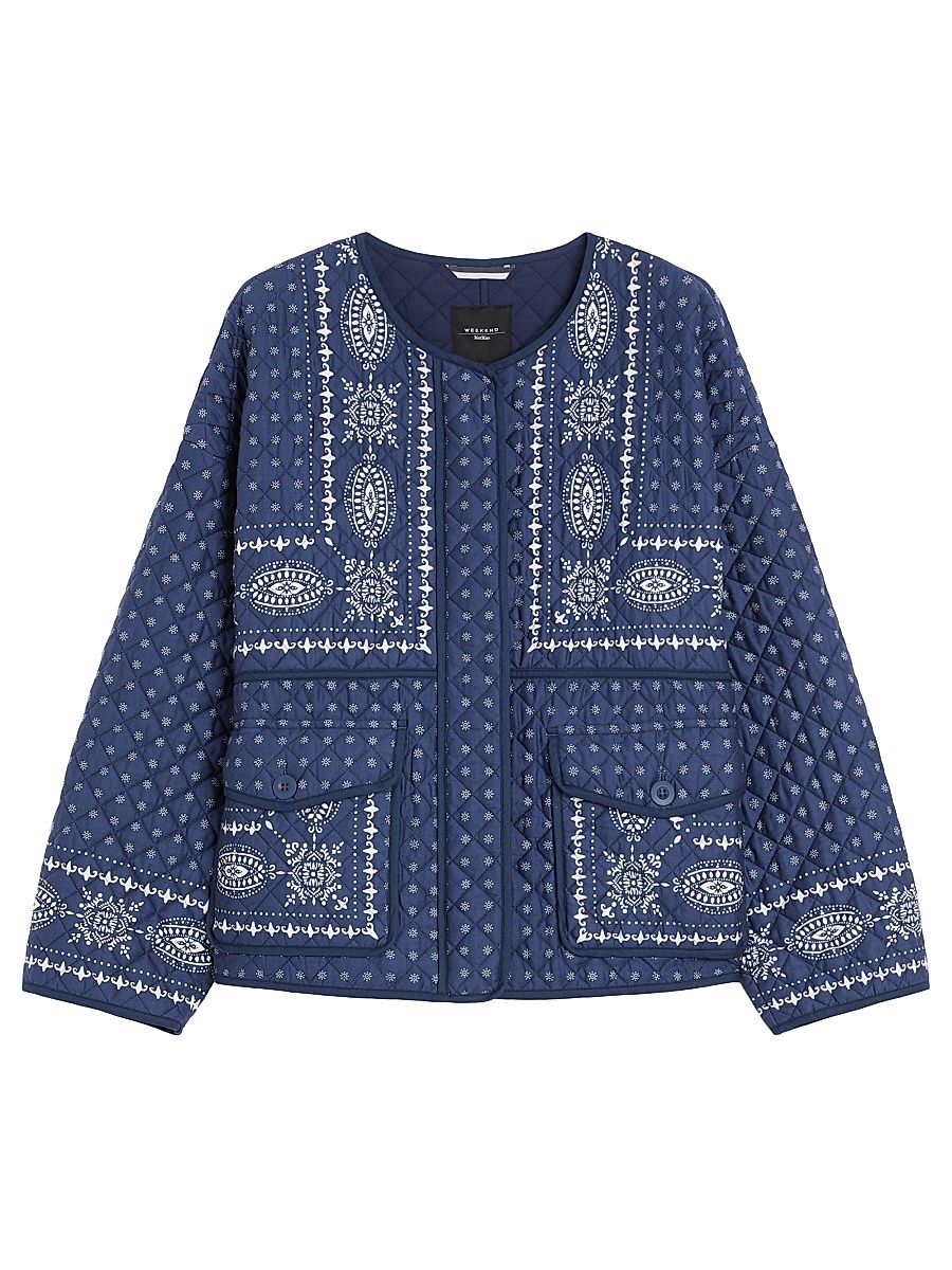 Women's Quilted Cotton Crewneck Jacket - Navy Print - Size 16