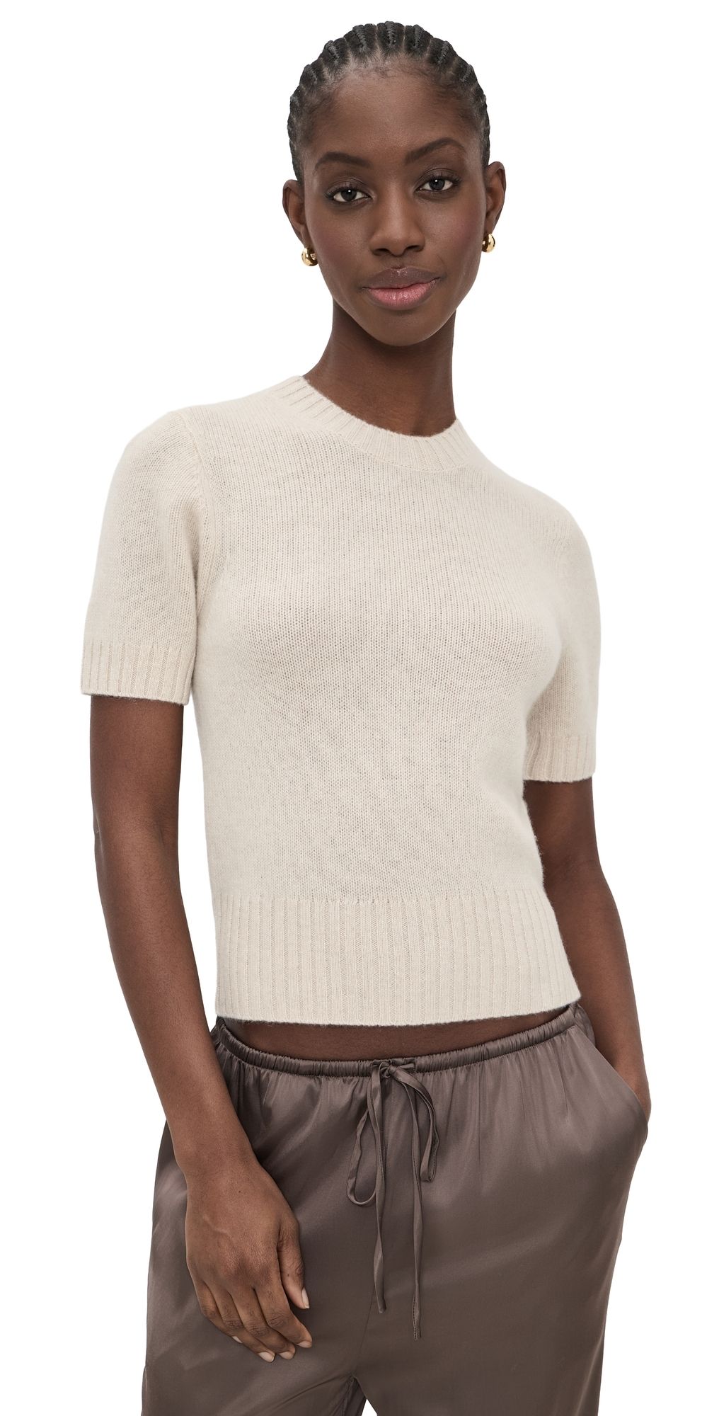White & Warren Featherweight Cashmere Pullover Natural Heather L