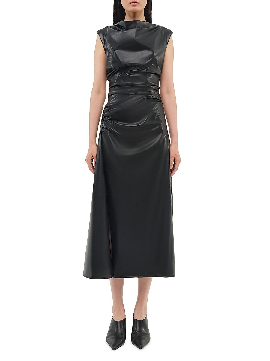 Women's Burke Faux Leather Draped Midi-Dress - Black - Size 0