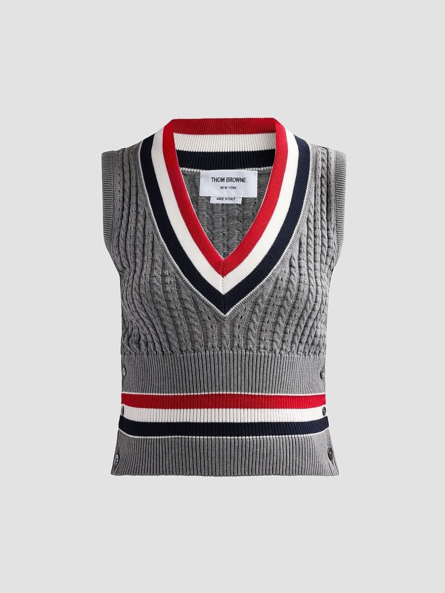 Women's Cricket RWB Stripe Cable Shrunken Vest - Grey - Size 0